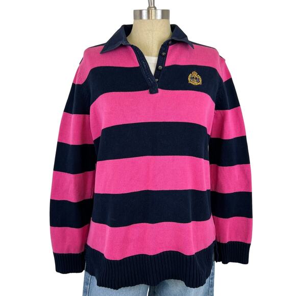 Lauren Ralph Lauren Pink Navy Blue Striped Collared V-Neck Sweater (Sz L) - Picture 1 of 14